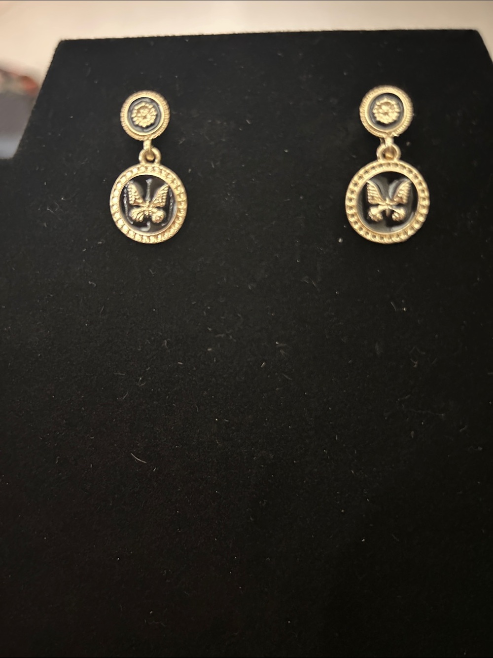 Gold tone Butterfly Medallion Drop Earrings - Black and Gold